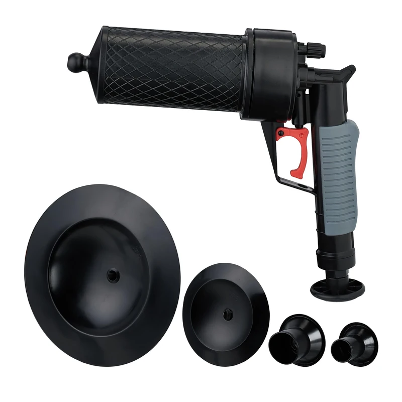 Relaxdays Compressed Air Pipe Cleaner, 4 Attachments for WC, Shower, Washbasin, Chemical-Free Cleaning, Pump Gun, Black