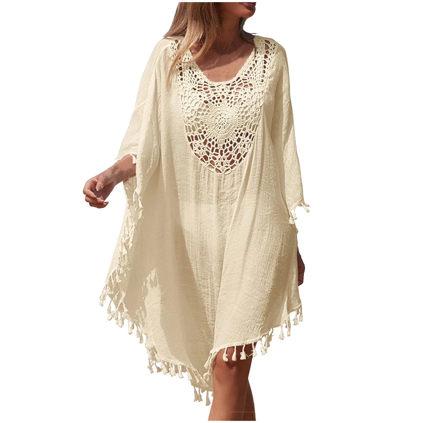 Women's Swim Cover-Ups Baggy Beach Cover Up Long Sleeves Hollow Out V Neck Crochet Dress Tassel Bikini Cover Up Sarong Bathing Suit Loose Lightweight Kaftan Plus Size Bohemian Dress Swimsuit