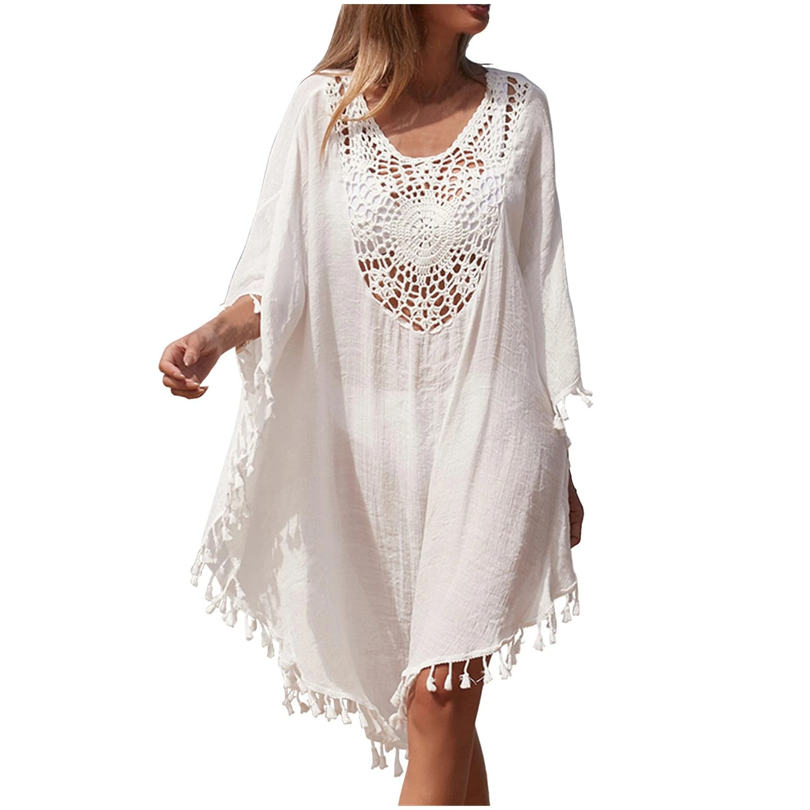 Women's Swim Cover-Ups Baggy Beach Cover Up Long Sleeves Hollow Out V Neck Crochet Dress Tassel Bikini Cover Up Sarong Bathing Suit Loose Lightweight Kaftan Plus Size Bohemian Dress Swimsuit