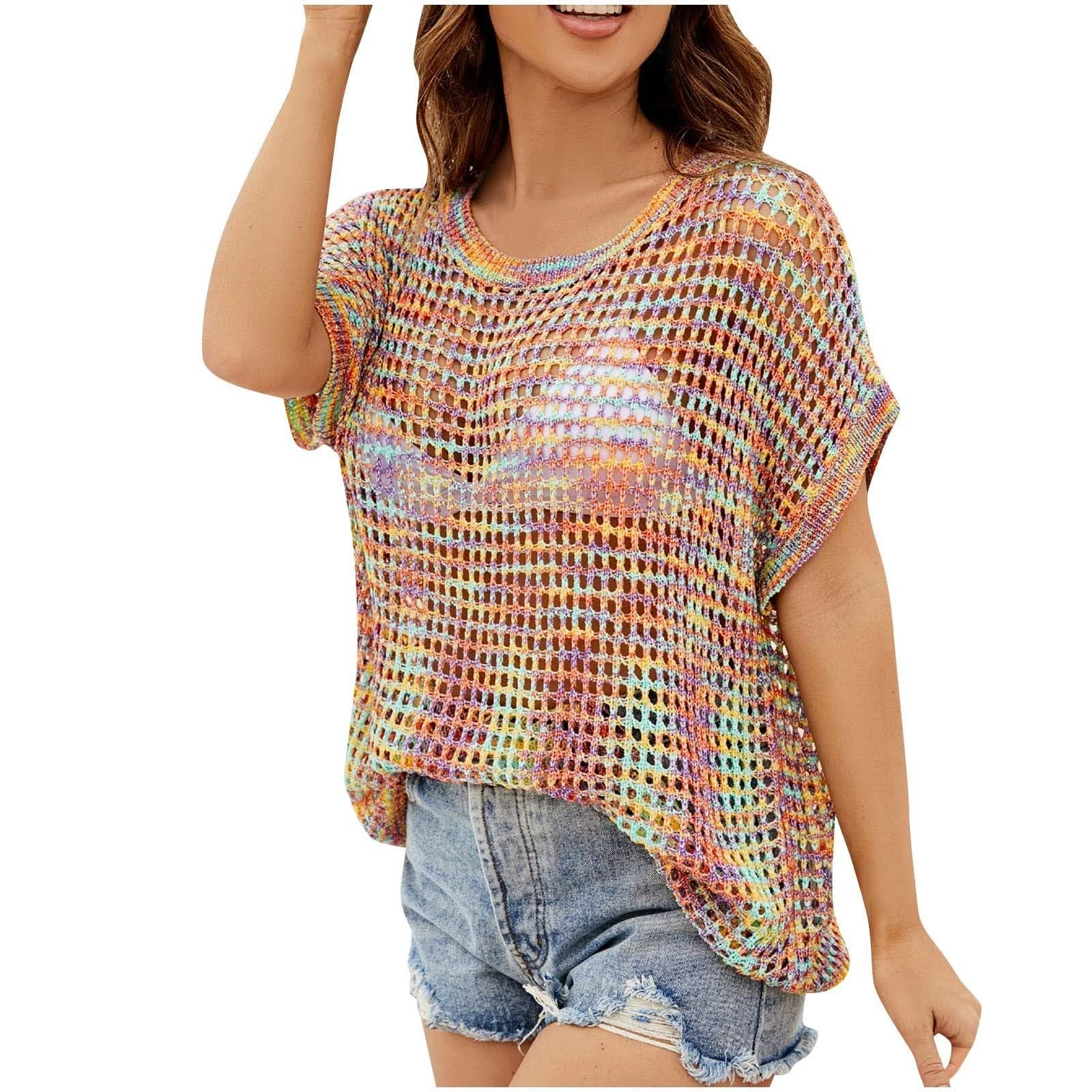 Women Summer Crochet Hollow Out Knit Top Beach Cover up Short Sleeve Knit Pullover Crochet Jumper Bikini Cover up Swimsuit Swimwear Bikini Swimsuit Bathing Suit Sarongs Beachwear Multicolor