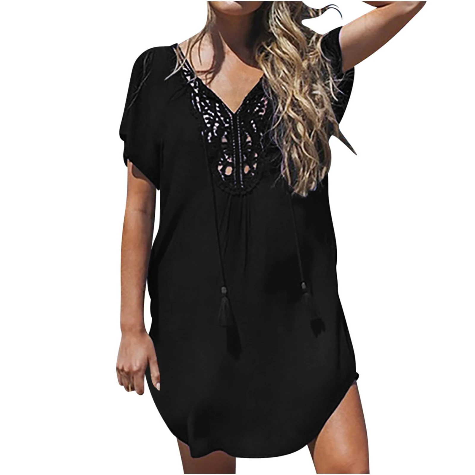 Women's Swim Cover-Ups and Sarongs Plus Size One Piece Sexy Hollow Out V-Neck Short Sleeve Crochet Dress Bikini Swimsuit Bathing Suit Bathing Beachwear One-Piece Swimsuit Beach Clothes Black