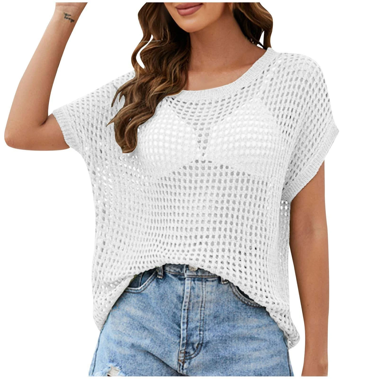Women Summer Crochet Hollow Out Knit Top Beach Cover up Short Sleeve Knit Pullover Crochet Jumper Bikini Cover up Swimsuit Swimwear Bikini Swimsuit Bathing Suit Sarongs Beachwear