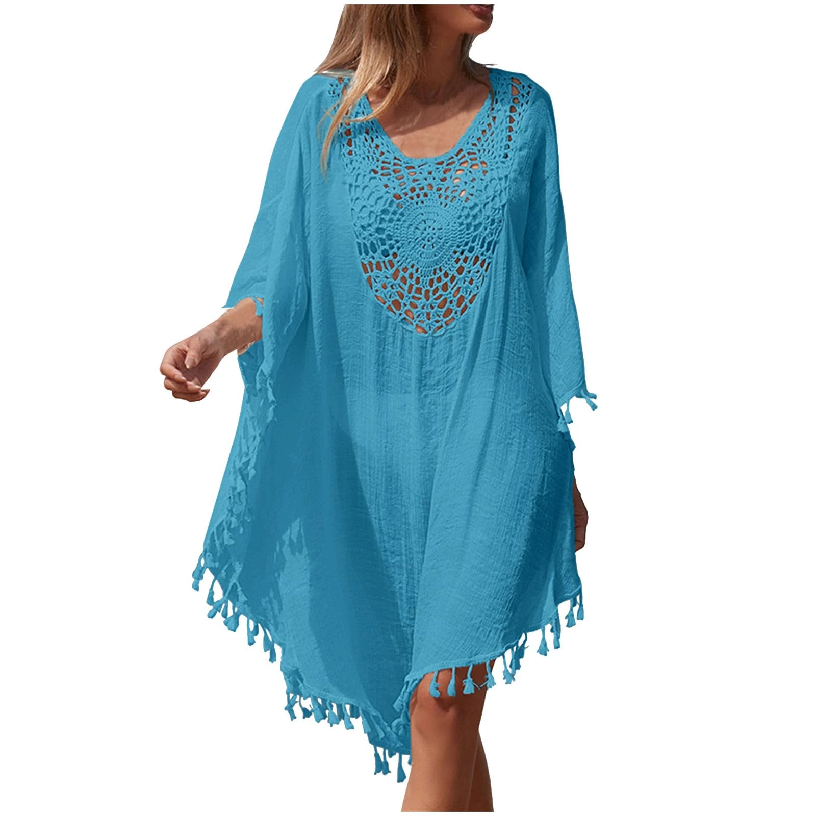Women's Swim Cover-Ups Baggy Beach Cover Up Long Sleeves Hollow Out V Neck Crochet Dress Tassel Bikini Cover Up Sarong Bathing Suit Loose Lightweight Kaftan Plus Size Bohemian Dress Swimsuit