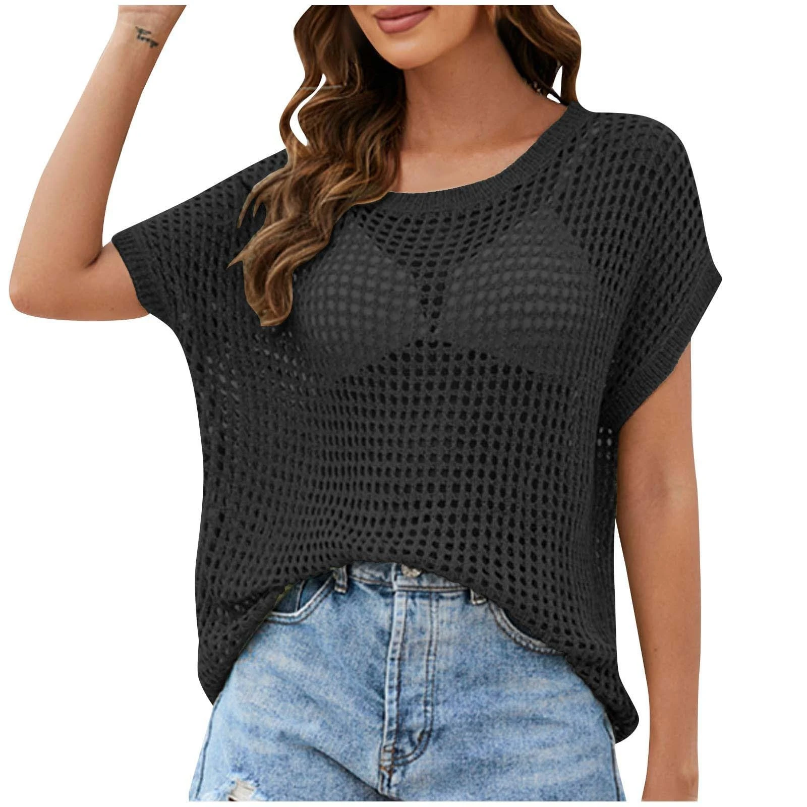 Women Summer Crochet Hollow Out Knit Top Beach Cover up Short Sleeve Knit Pullover Crochet Jumper Bikini Cover up Swimsuit Swimwear Bikini Swimsuit Bathing Suit Sarongs Beachwear Black