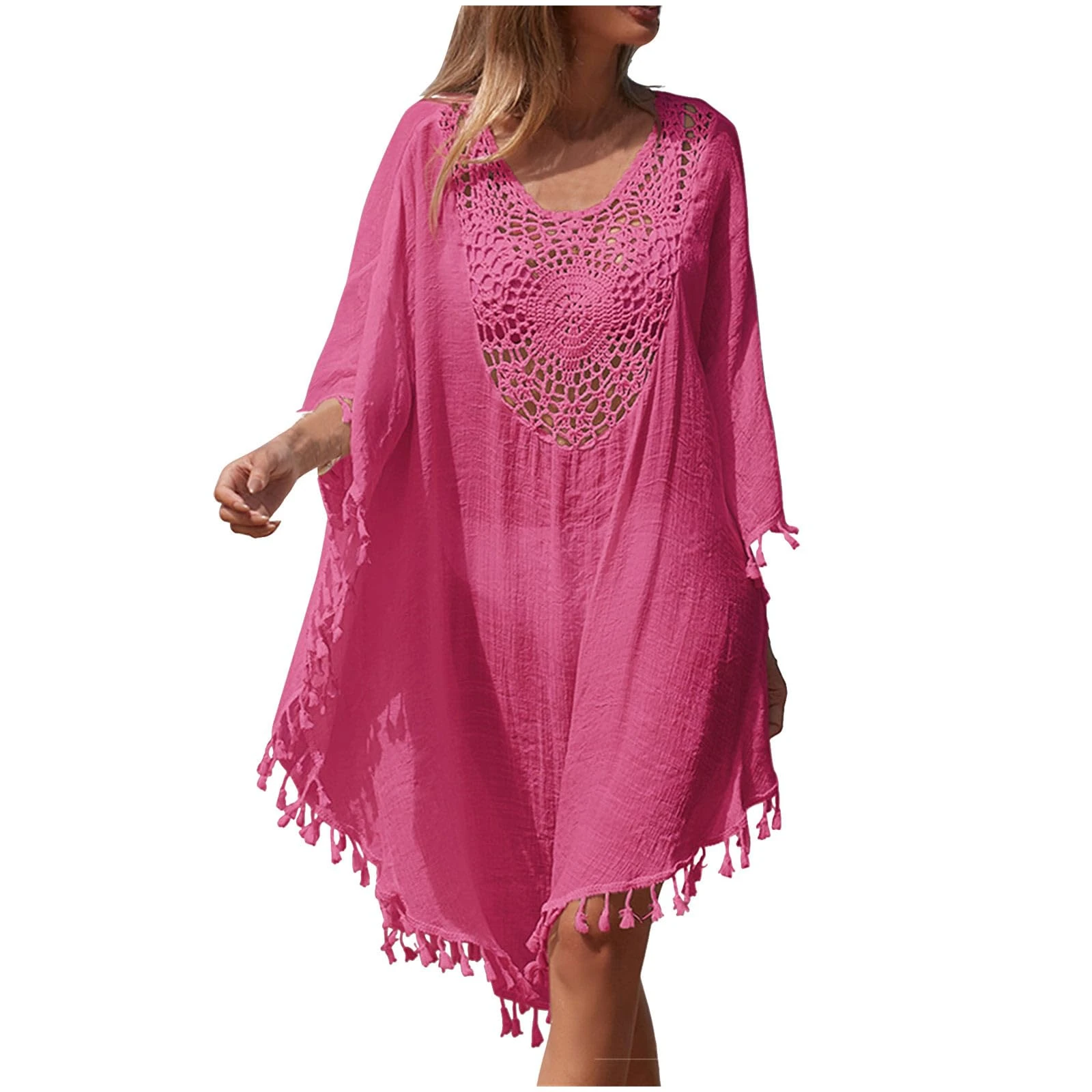 Women's Swim Cover-Ups Baggy Beach Cover Up Long Sleeves Hollow Out V Neck Crochet Dress Tassel Bikini Cover Up Sarong Bathing Suit Loose Lightweight Kaftan Plus Size Bohemian Dress Swimsuit