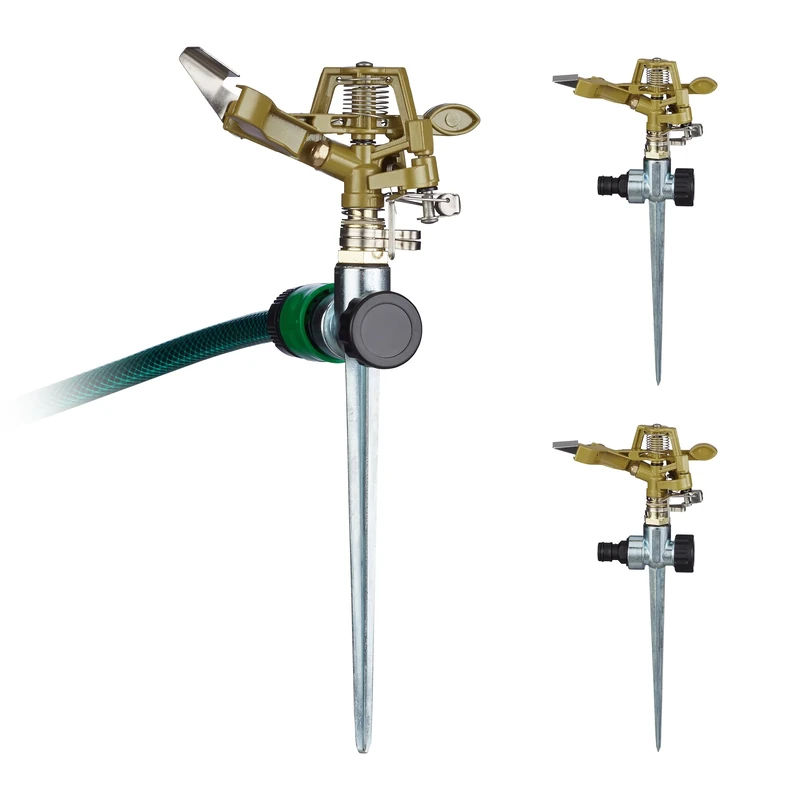 Relaxdays Impulse Sprinkler Set of 3, with Ground Spike, 15 m Range, 20°-360°, Circular Irrigation, Garden, Gold/Silver, Iron, 140 x 53 x 49 cm