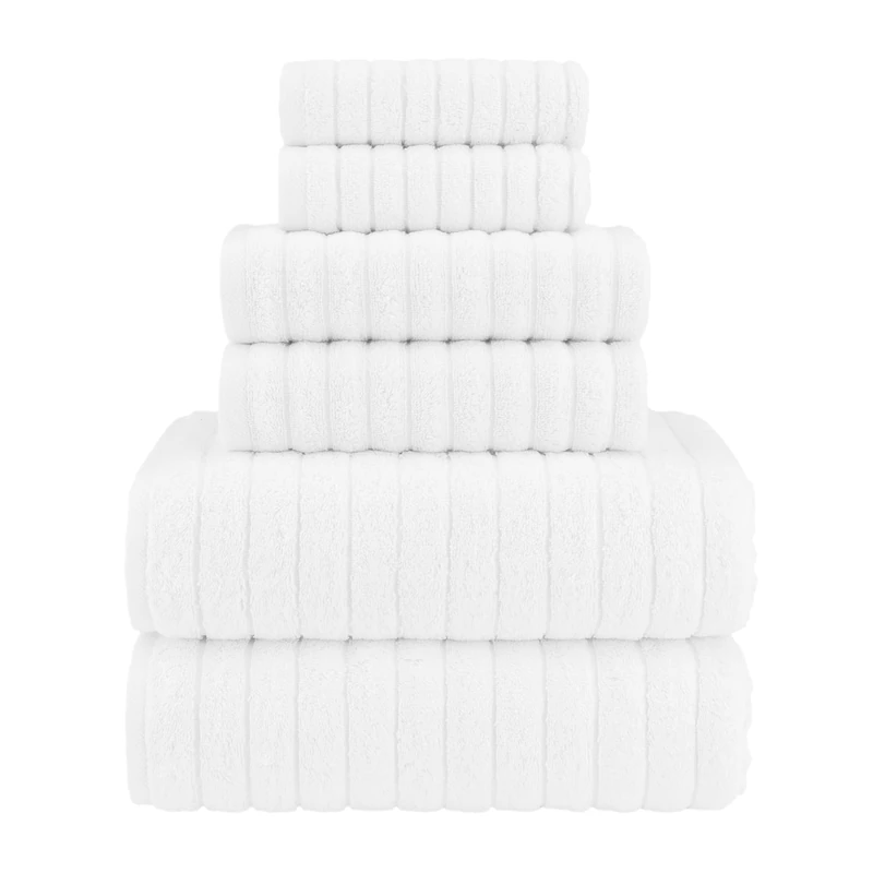 Elegant Comfort 100% Turkish Cotton Corduroy Ribbed Luxury Bath Towels 6-Piece Set, Premium Feel - Quick Dry, Highly Absorbent, Contains 2 Bath Towels, 2 Hand Towels, and 2 Washcloths, White