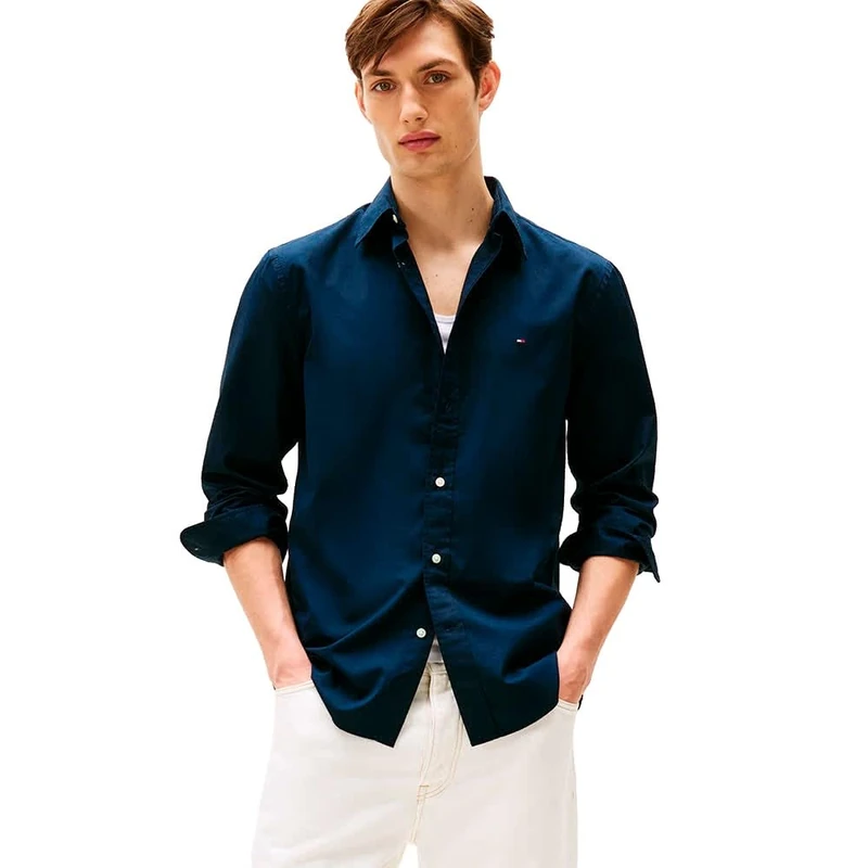 Tommy Hilfiger Men's CORE Flex POPLIN Solid RF Shirt MW0MW39988 L/S Shirt, Blue, S