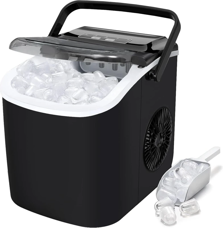 Countertop Ice Maker Machine – 12kg/24H Quick Ice Maker, 9 Cubes in 6 Min, Self-Cleaning, Portable with Handle, Ice Scoop & Basket, Small & Large Cubes, Home/Kitchen/Office/Bar (BLACK)