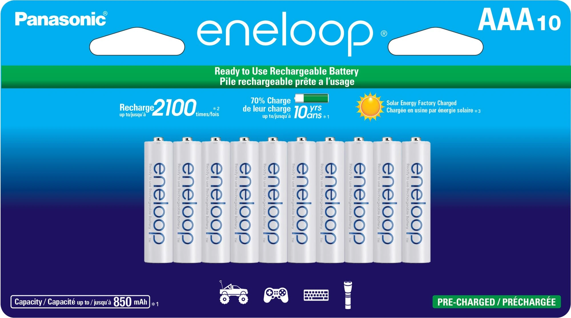 Eneloop Panasonic BK-4MCCA10FA AAA 2100 Cycle Ni-MH Rechargeable Pre-Charged Batteries, Pack of 10 Batteries