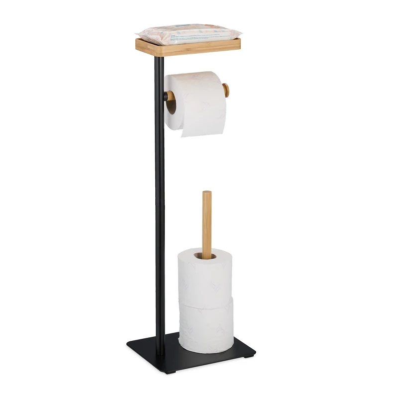 Relaxdays Toilet Roll Holder with Shelf, Free-Standing Storage, Iron and Bamboo, HWD: 65 x 22 x 18 cm, Black/Natural