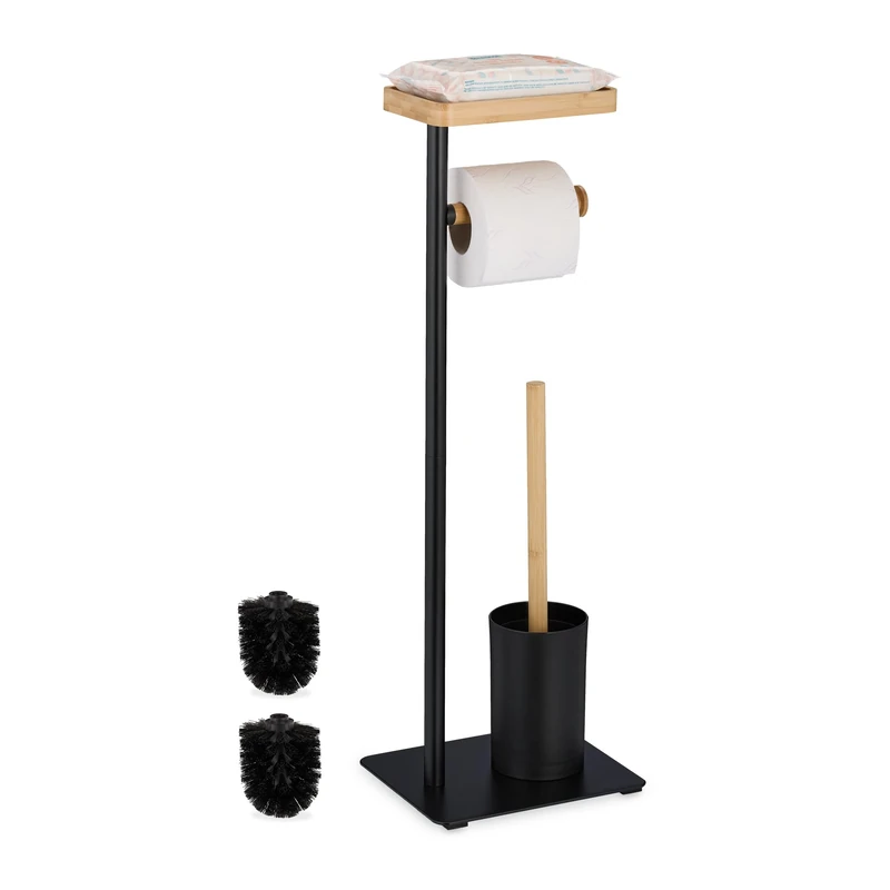Relaxdays WC Set, Bamboo, Stainless Steel, Free-standing, incl. 2 Spare Heads, Toilet Roll & Brush Holder, Matt Black