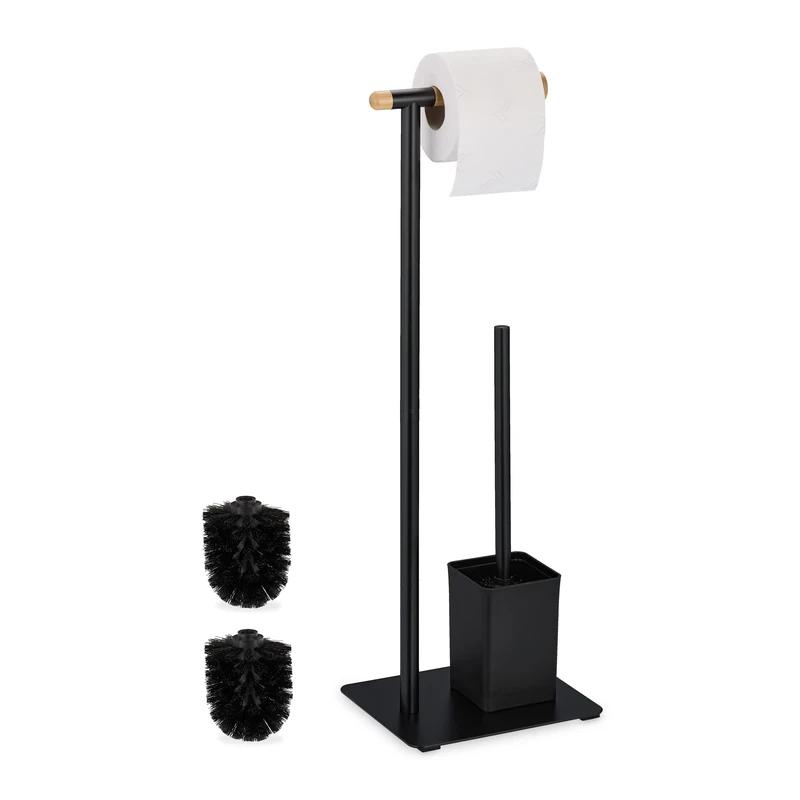 Relaxdays WC Set, Bamboo, Stainless Steel, Free-Standing, incl. 2 Spare Heads, Toilet Roll & Brush Holder, Black/Natural, 64.5 x 22 x 18 cm
