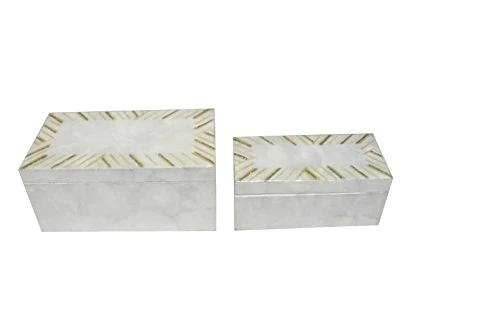 DRW Set of 2 Rectangular Mother of Pearl Boxes White with Golden touches 22x12x10cm and 18x9x7.5cm