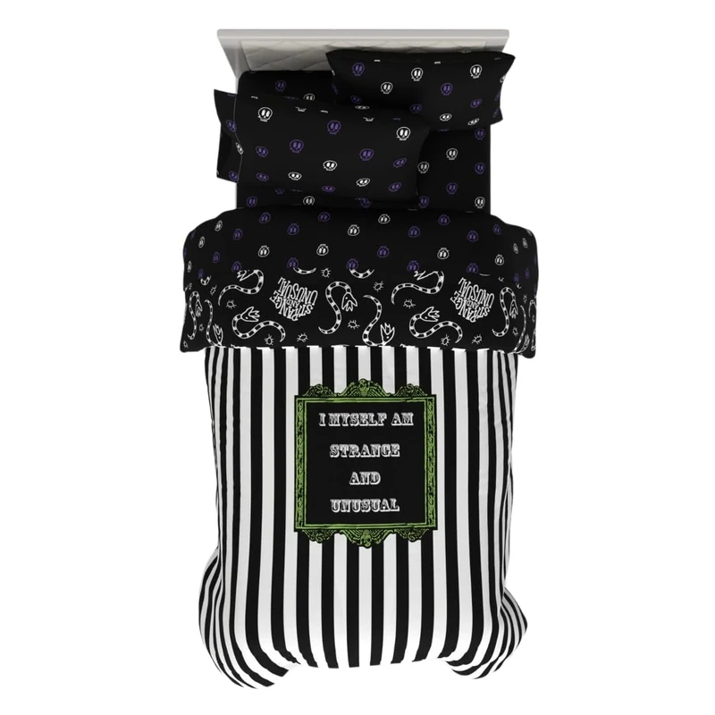 Franco Collectibles Beetlejuice Striped Bedding 4 Piece Super Soft Comforter and Sheet Set, Twin, (Officially Licensed Product)