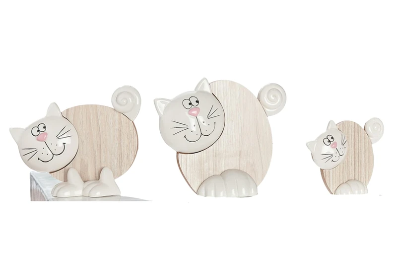 DRW Set of 3 Cats Wood and Ceramic White and Natural 8x2.5x10-16x5x12-23x5x19cm, estandar - Image 1