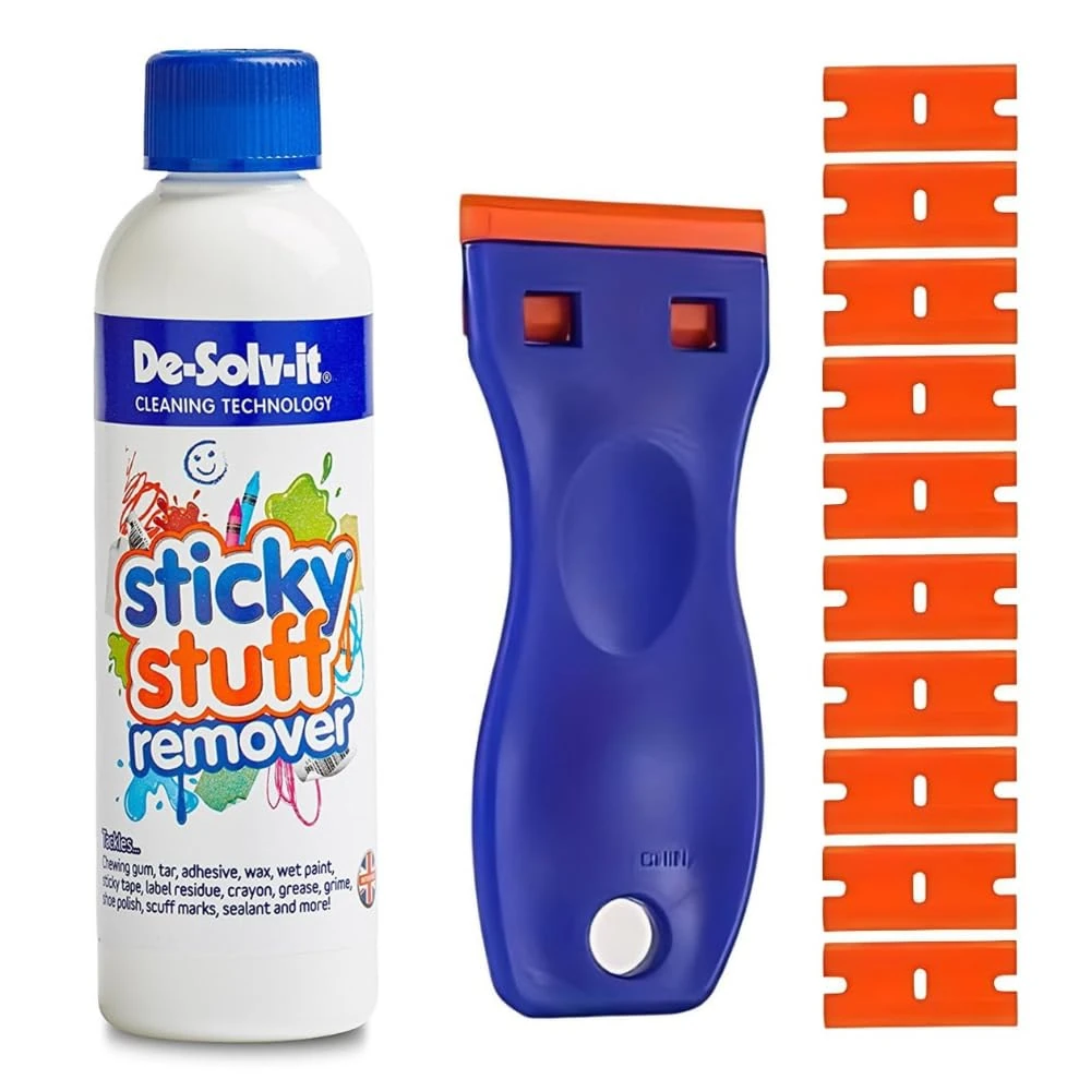 Sticky Stuff Remover Liquid 250ml - With Multi-Surface Cleaning Tool & 10 Spare Replacements - Ideal for Label remover, Tar, Chewing Gum remover, sticker remover, Adhesive remover and more
