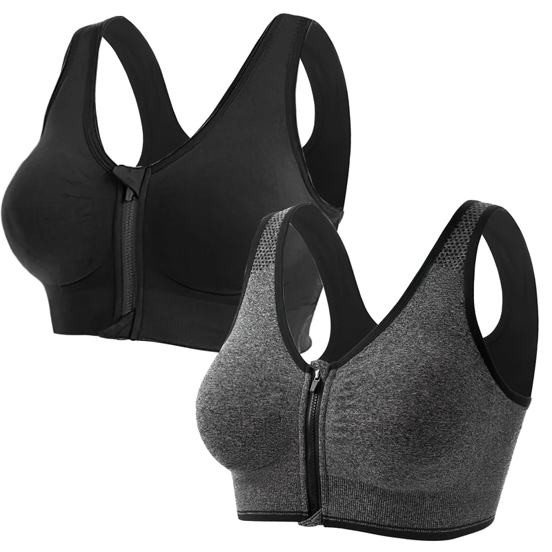 Clydewy Women's Front Zip Sports Bra 2 Packs Ladies Running Yoga Non Wired Seamless Comfort Gym Bra High Impact Support Women Plus Size Padded Sport Bras Top for Workout Fitness Black Grey