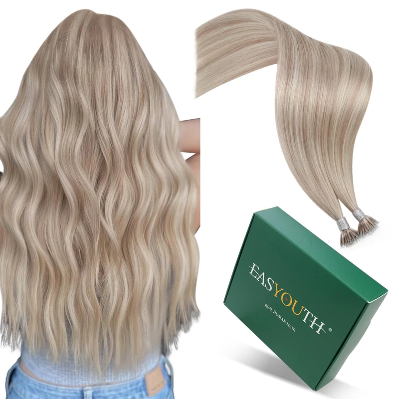 Easyouth Nano Hair Extensions Real Human Hair Ash Blonde Highlight Platinum Nano Ring Hair Extension Remy Hair Pre Bonded Extensions Nanobead Human Hair For Women 22 Inch 50g/50s #18P613