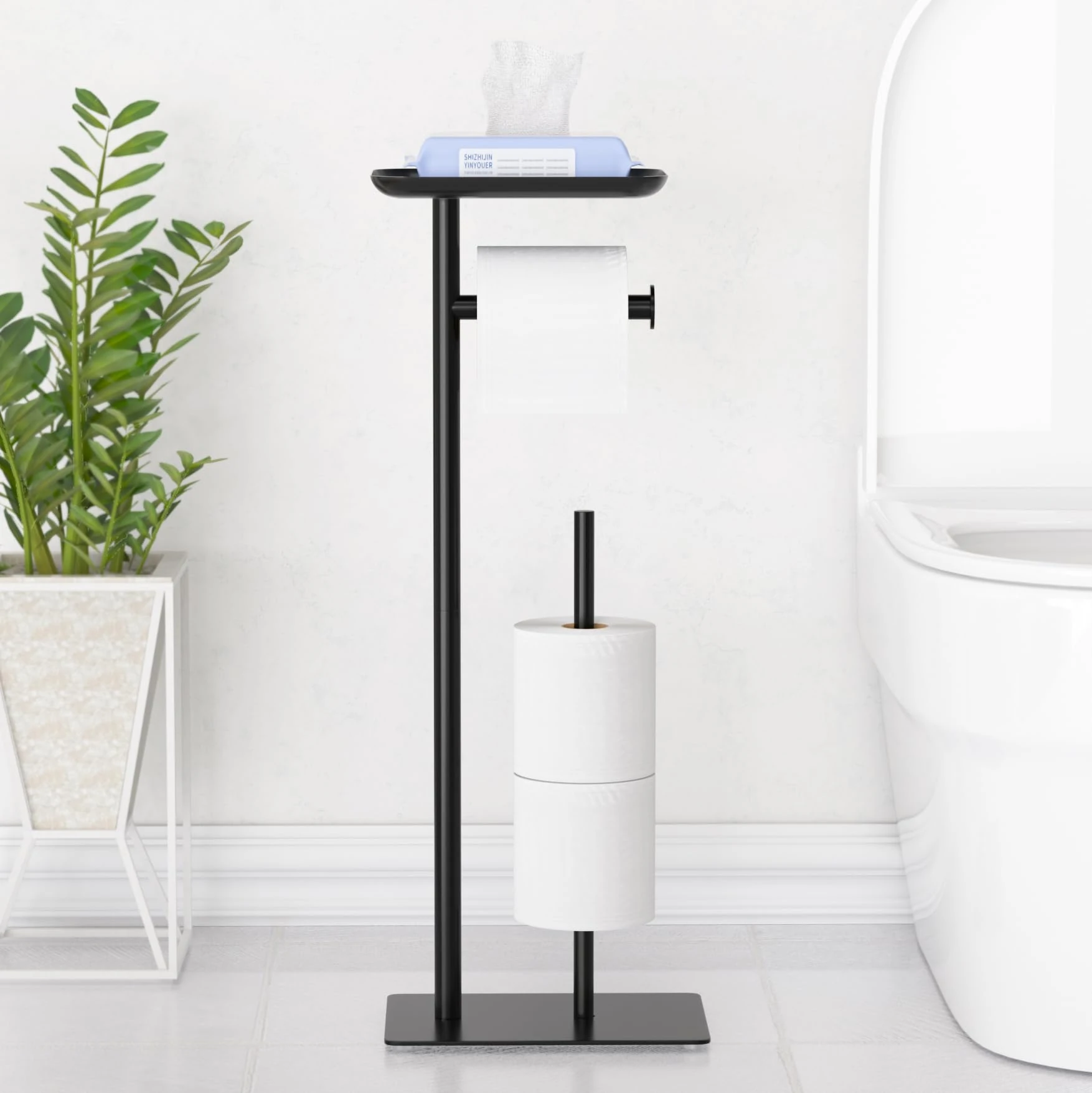 Free-Standing Toilet Roll Holder with Top Shelf, Holds 4 Rolls, Stainless Steel Bathroom Toilet Paper Dispenser
