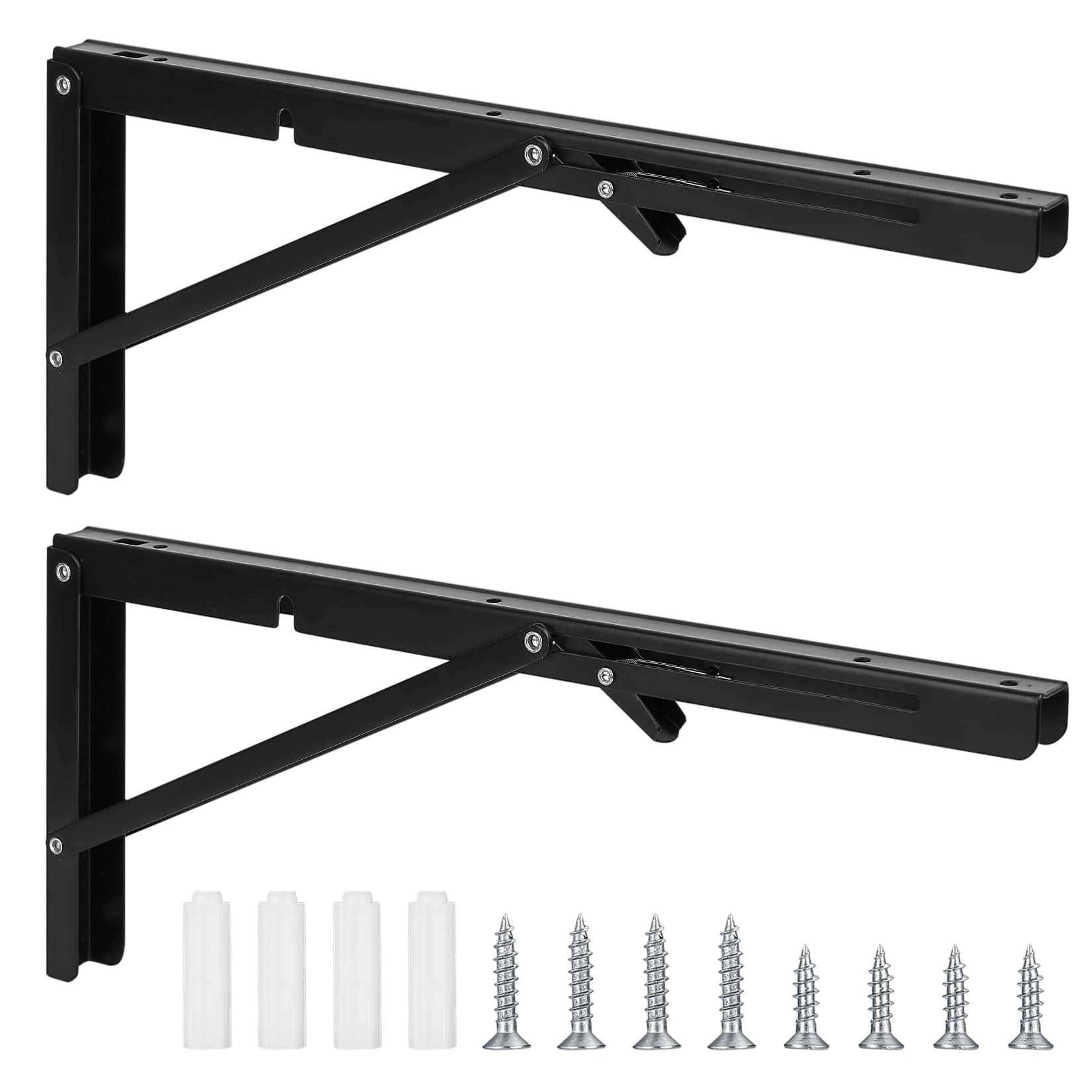 Heavy Duty Folding Console, Iron Angle Shelf Brackets - Folds 90 Degrees, For Home, Kitchen, Office, Wall - Black (16 Inches)