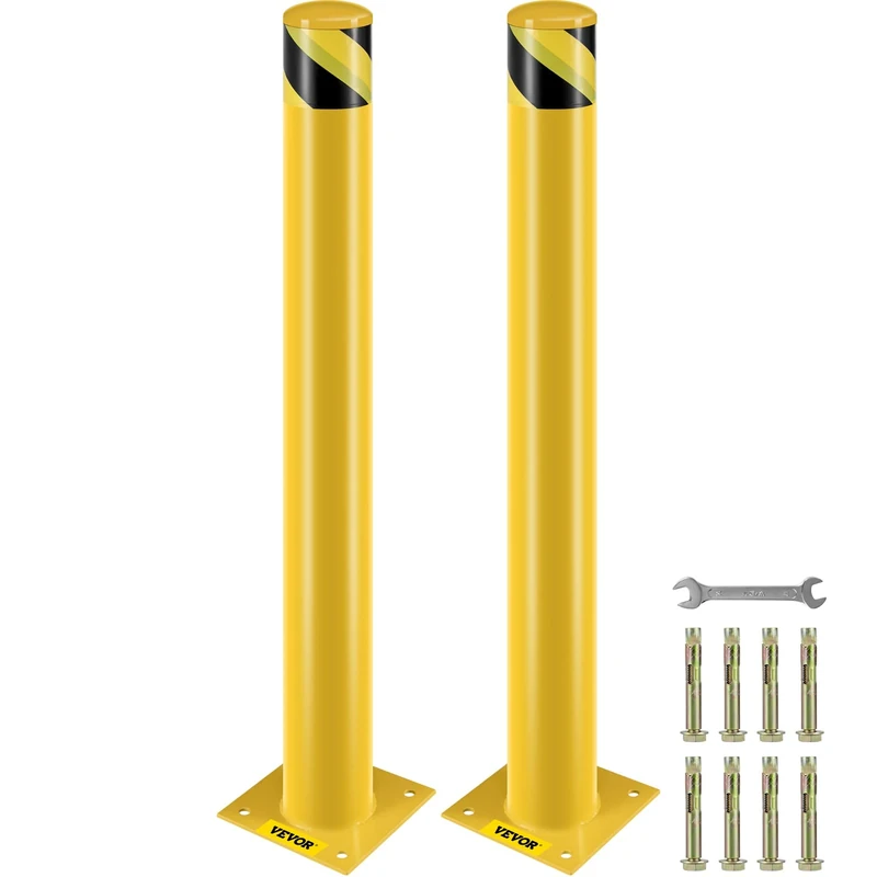 VEVOR Safety Bollard, 42 Inch Height Bollard Post, 4.5 Inch Diameter Steel Pipe Safety Bollard Post, Yellow Steel Bollard, Steel Safety Bollard with 8 Anchor Bolts, Perfect for Traffic-Sensitive Area