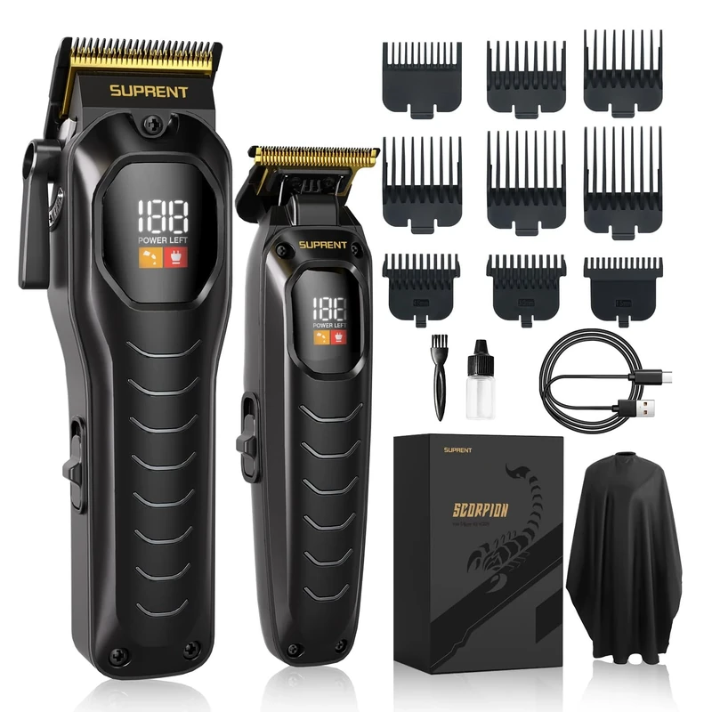 SUPRENT Hair Clippers for Men Professional, Cordless Mens Hair Clipper & Trimmer Set with Quiet 6000RPM Motor, LED Display & 9 Guide Combs, Barber Hair Cutting Kits for Home, Black