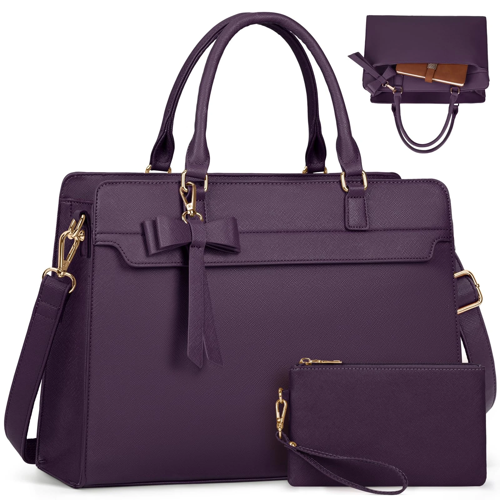 RAINSMORE Laptop Bags for Women 15.6 Inch Large Laptop Tote Bag PU Leather Ladies Laptop Handbag with Clutch Bag Water Resistant Work Bags for Business Office School Casual Deep Purple