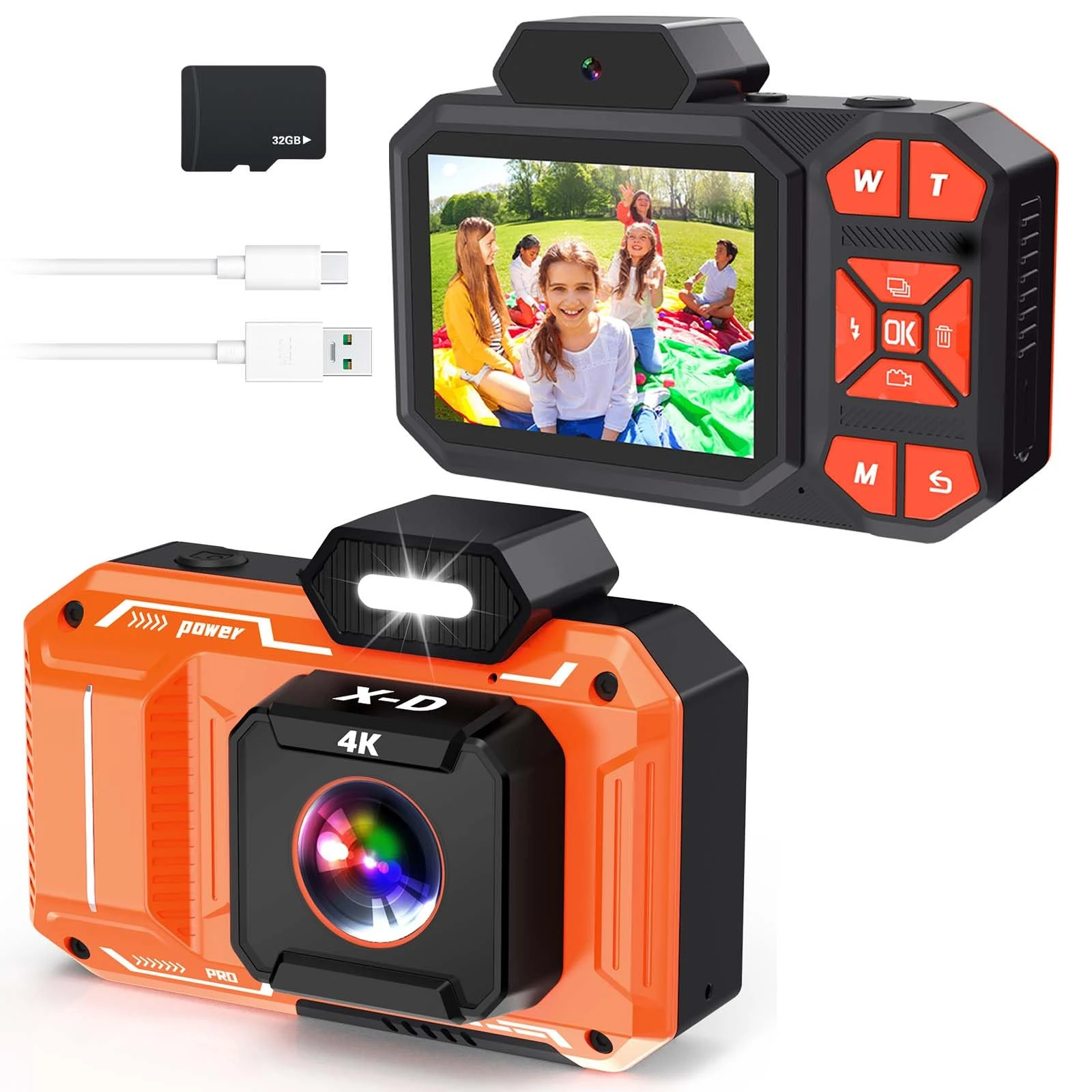 4K Digital Camera, HD 48MP AutoFocus Video Camera with 32G Card, 2.8" Screen LED Fill Light, Compact Digital Camera for Kids, Teens, Beginners - Orange