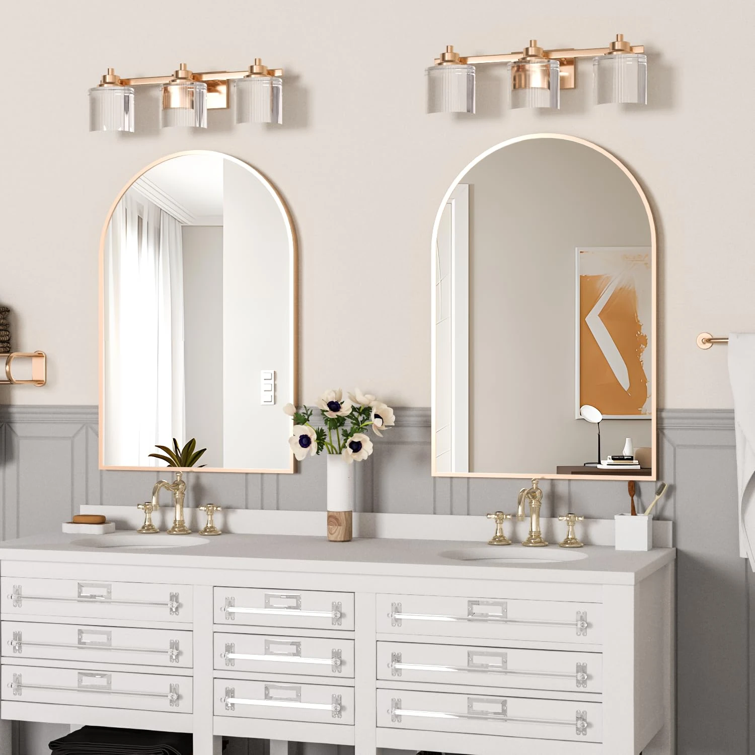 NEUWEABY Wall Mounted Mirror, Arched Wall Mirror for Bathroom, 2 Pieces 60x90 cm Arch Bathroom Mirror with Metal Frame, Gold Vanity Mirror Decor for Mantle, Bedroom, Entryway, Living Room