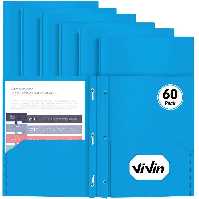 Heavy Duty Plastic Folder, 60 Pack, Pocket Folder with brads, Letter Size Poly File, Plastic Folders with 3 Prongs Fasteners, Office Accessories - Sky Blue