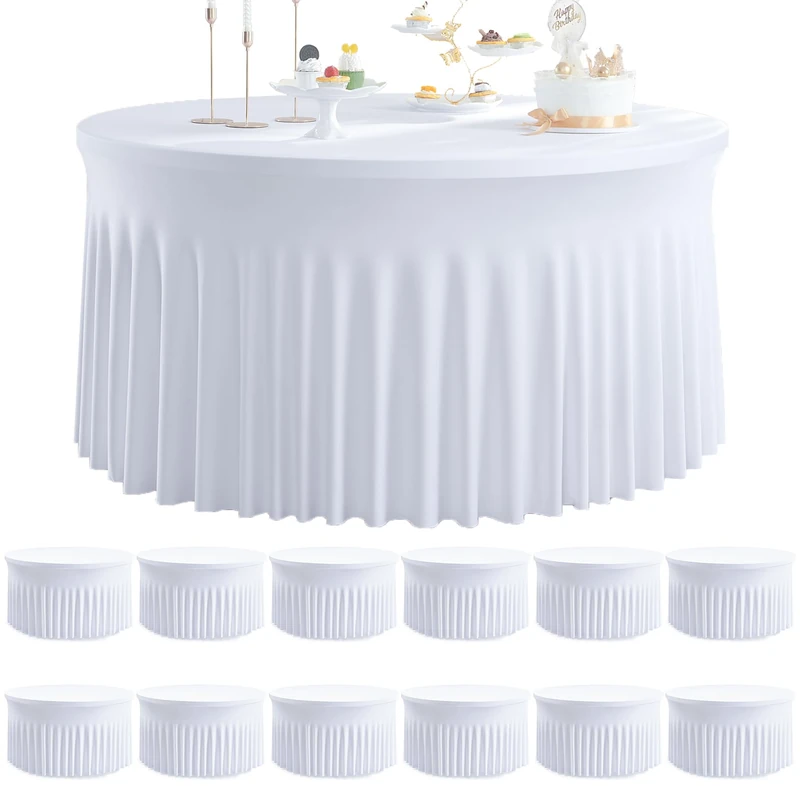 Htper 12 pk Round Spandex Tablecloths for 72inch Table, Stretchy Wrinkle Free 132inch Fitted 6FT Round Table Cloths Cover with Skirt for Wedding Birthday Party Banquet Events