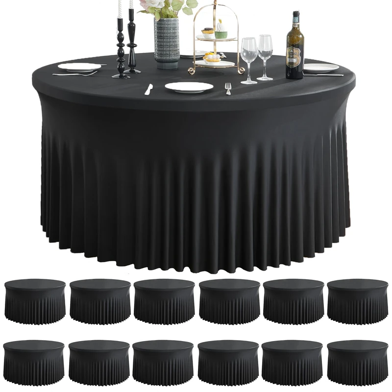 Htper 12 Pack Black Spandex Round Tablecloths, 60 inch, Wrinkle Free, Stretchy, Fitted 5FT Round Table Cloths with Skirt for Wedding Birthday Party Banquet
