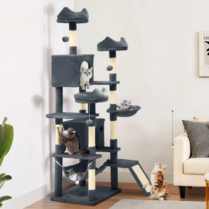 YITAHOME Tall Cat Tree for Indoor Cats, 190CM Multi-Level Cat Tower with Sisal Scratching Posts & Ramp, Plush Perches, Hammock, Spacious Condos, Cat Activity Center for Kittens, Dark Grey