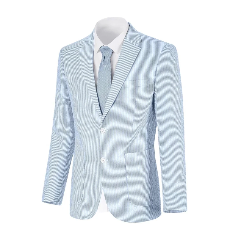 Wehilion Mens Seersucker Suit Jacket Casual Summer Blazer Slim Fit Sport Coats Suits Jackets Wedding Prom Tuxedo Blazers, Light Blue, XXL - Image 1