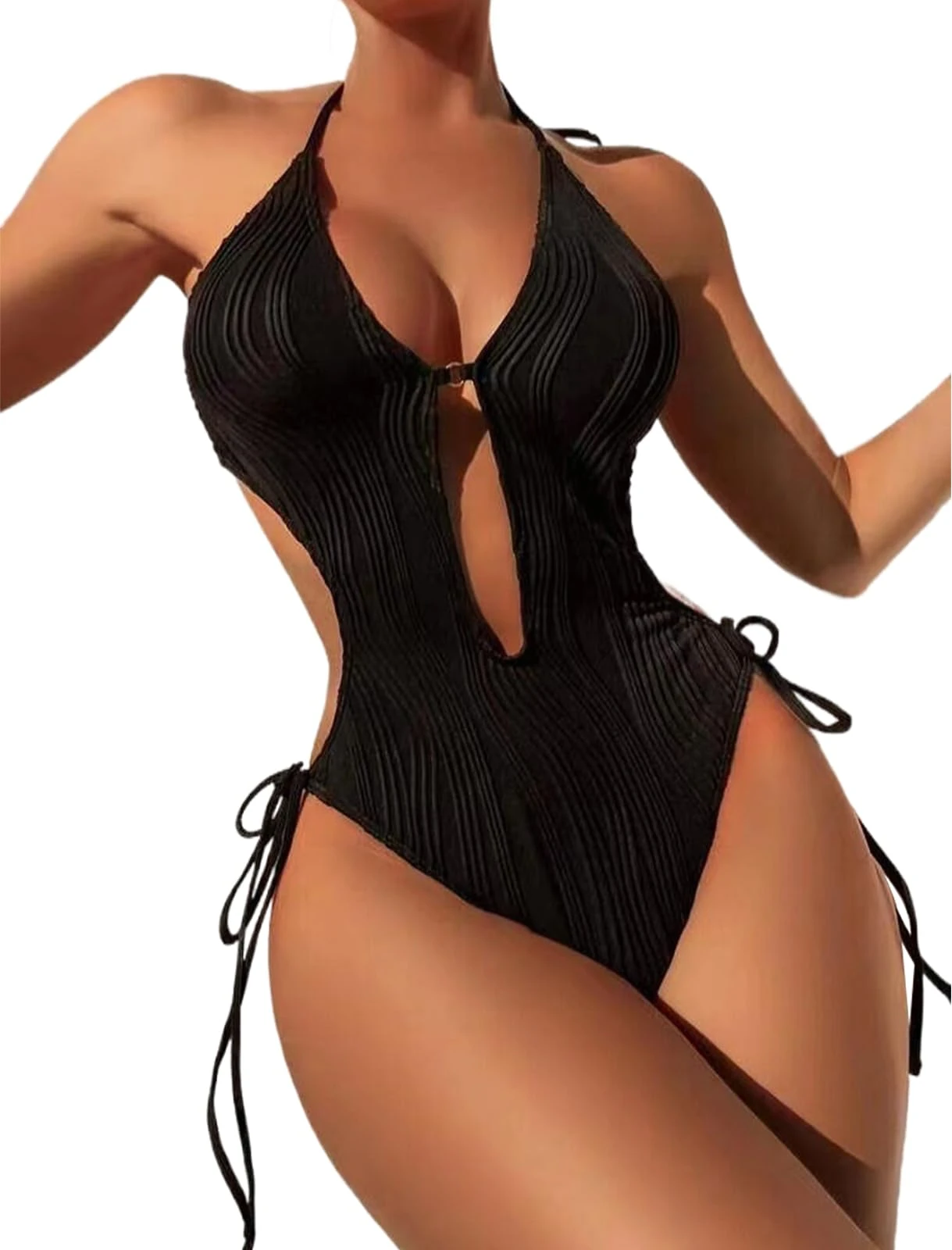 Faxianther Sexy Deep V Neck One Piece Swimsuit Women Adjustable Tie Side Bottom Backless Halter Top Swimwear Beach Pool Summer Party High Waist Costume Suit Biknini Raves Night Club Outfits