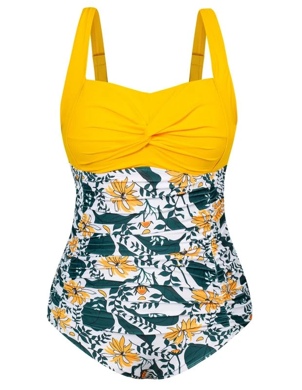Hanna Nikole Plus Sizes One-Piece Swimsuit Triangle Summer One-Piece Swimsuit Yellow Flower 24