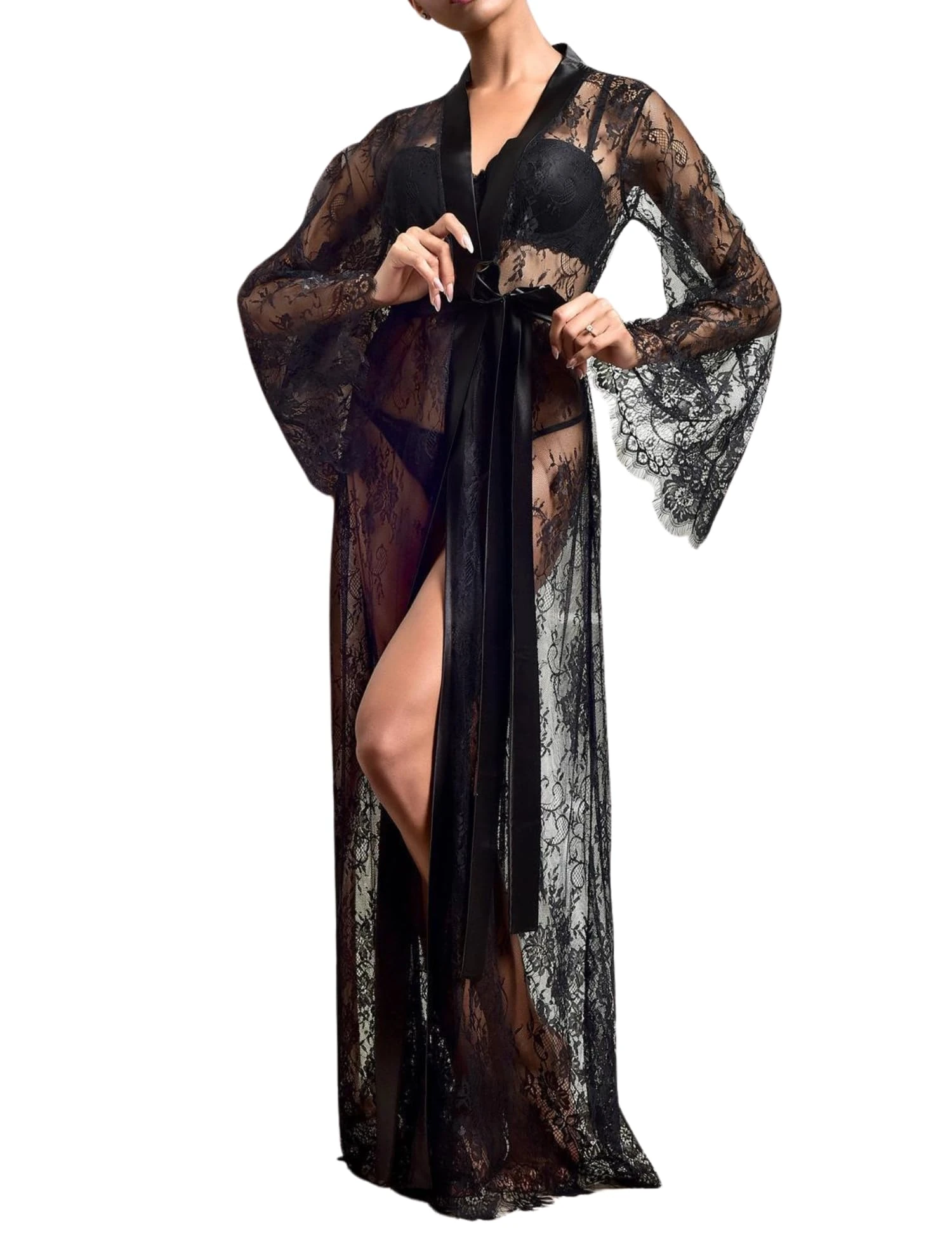 ROSVAJFY Women's Long See-Through Lace Lingerie Robe with Satin Belt, Long Sleeve Sheer Kimono Babydoll Dress Transparent Dressing Gown Bathrobe Nightgown Cardigan Bikini Cover Up(Black)