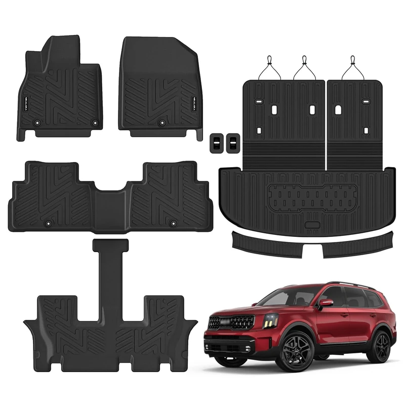 Floor Mats & Cargo Liner with Backrest Mat for 2020-2024 Kia Telluride 7 Seats with 2nd Bucket Seats Without Center Console All Weather Protection TPE Rubber Full Set Automotive Mat Accessories, Black