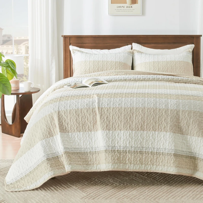 Andency King Size Quilt Set Beige, 3 Pcs Bedspreads & Coverlets