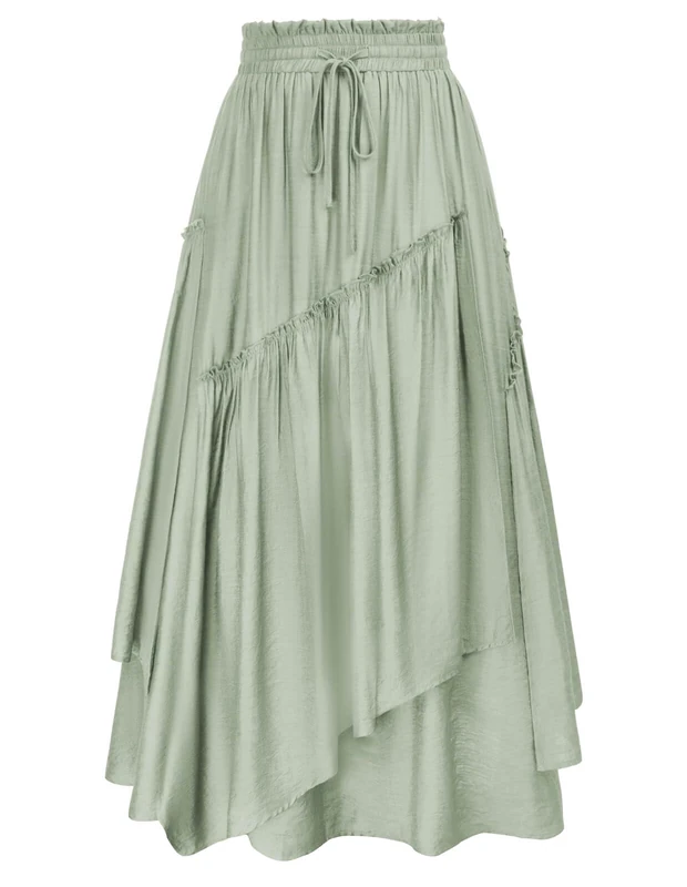 SCARLET DARKNESS Women Renaissance Layered Long Skirt Elastic High Waist Tiered Skirt with Pockets, Mint Green, XL