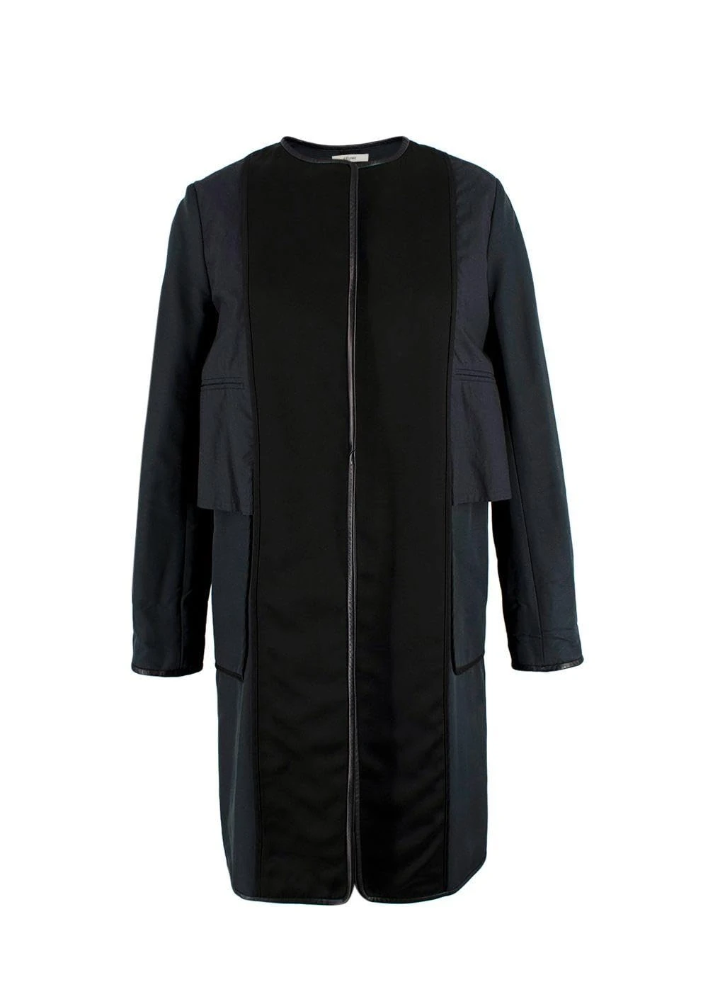Celine Pre-loved Navy and Black Leather Trim Longline Jacket