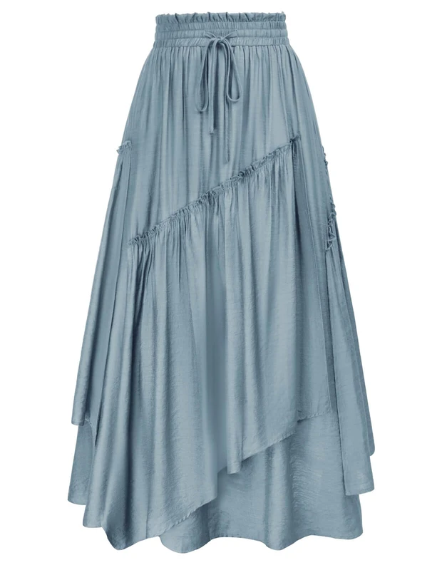 SCARLET DARKNESS Women Renaissance Layered Long Skirt Elastic High Waist Tiered Skirt with Pockets, Light Blue, L