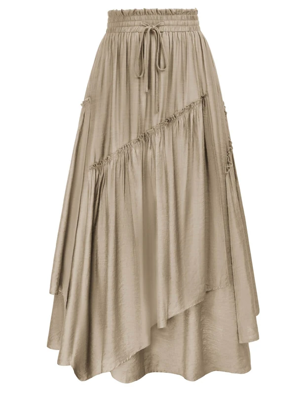 SCARLET DARKNESS Women Renaissance Layered Long Skirt Elastic High Waist Tiered Skirt with Pockets, Gray Brown, L