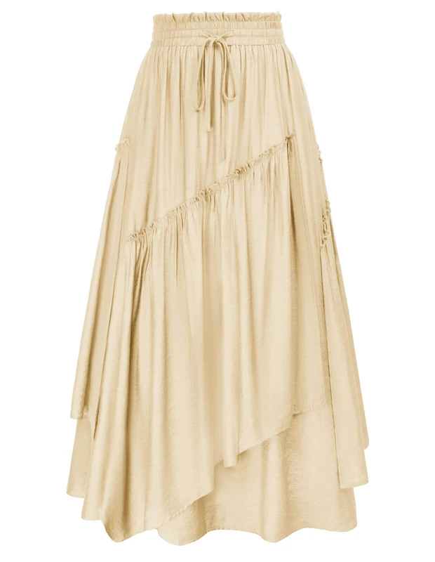 SCARLET DARKNESS Women Renaissance Layered Long Skirt Elastic High Waist Tiered Skirt with Pockets, Beige, XL