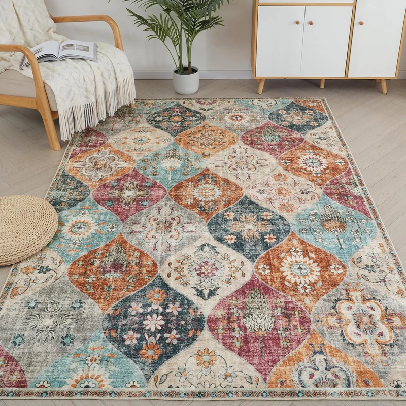 Xfrog Moroccan Trellis Washable Living Room Rug - Retro Floral Non-Slip, Large Oriental Accent Cream Throw Indoor Rug for Nursery Bedroom Office Carpet