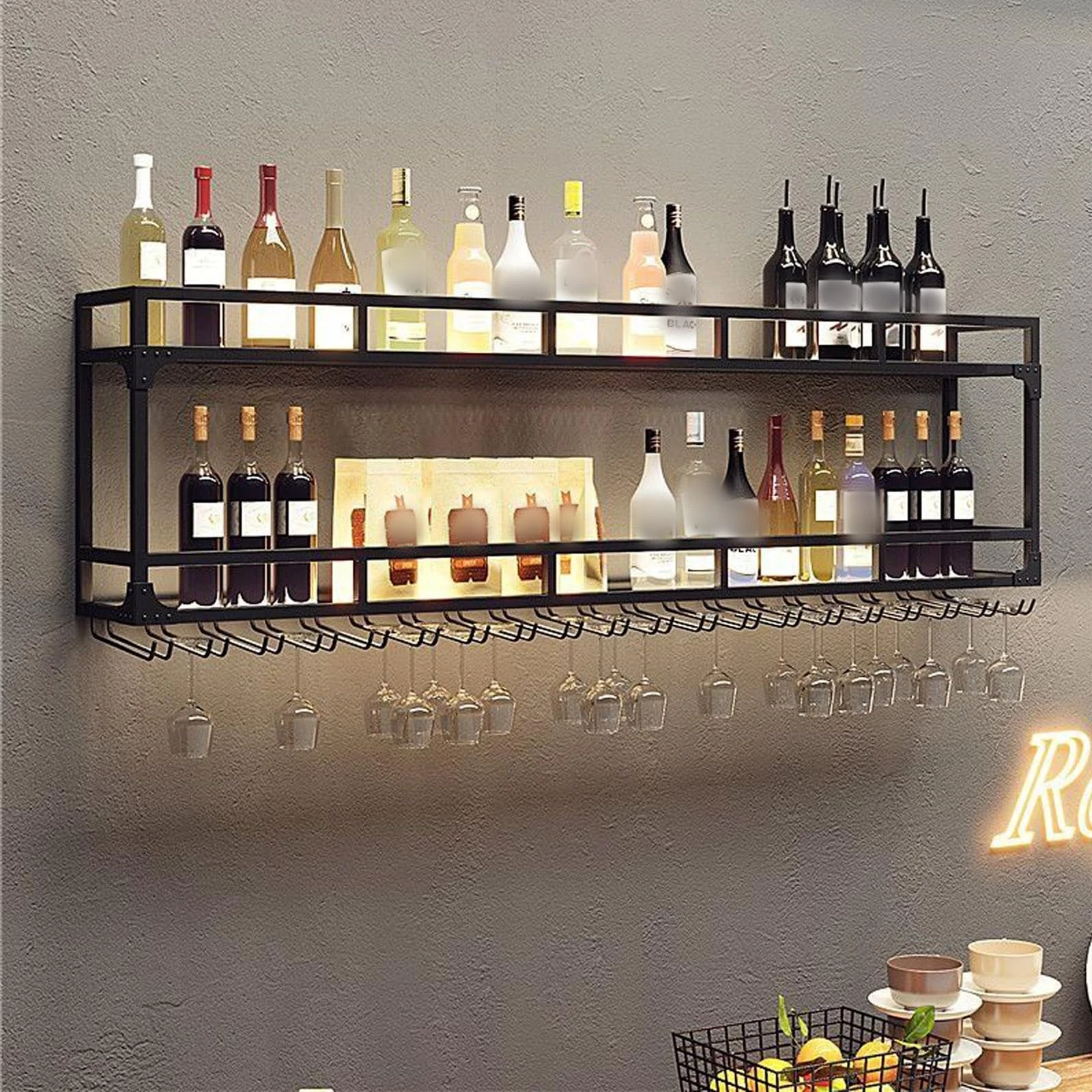 Modern Wine Storage Rack Wall Mounted With LED Light With Wine Glass Holder,Bar Unit Floating Shelves,with Wine Glass Holder Kitchen Storage Bar Shelves For Kitchen Dining Room Bar Decoration ( Color