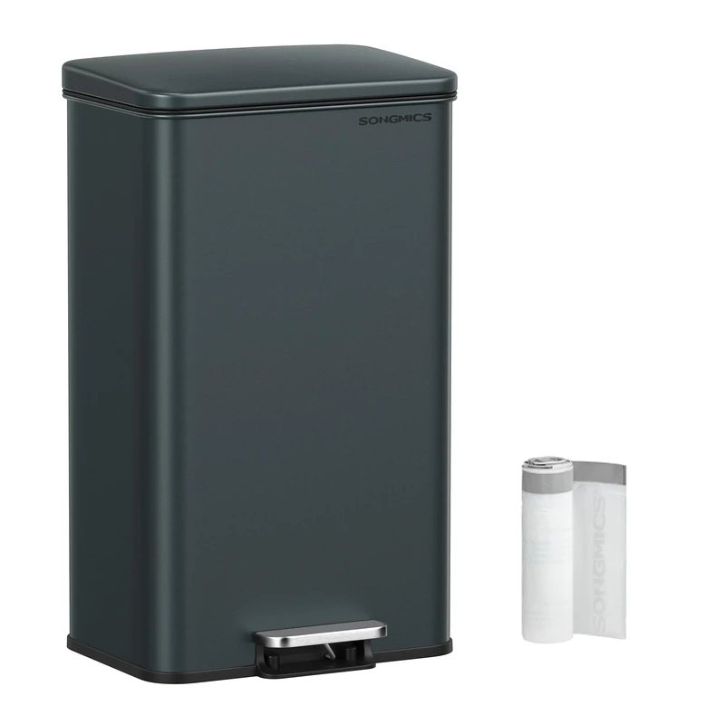 SONGMICS Kitchen Bin, 10.5 Gallon (40 L) Rubbish Bin, Large Step Bin with Lid, Steel, Soft Close, 15 Liner Bags Included, Charcoal Grey LTB540G02