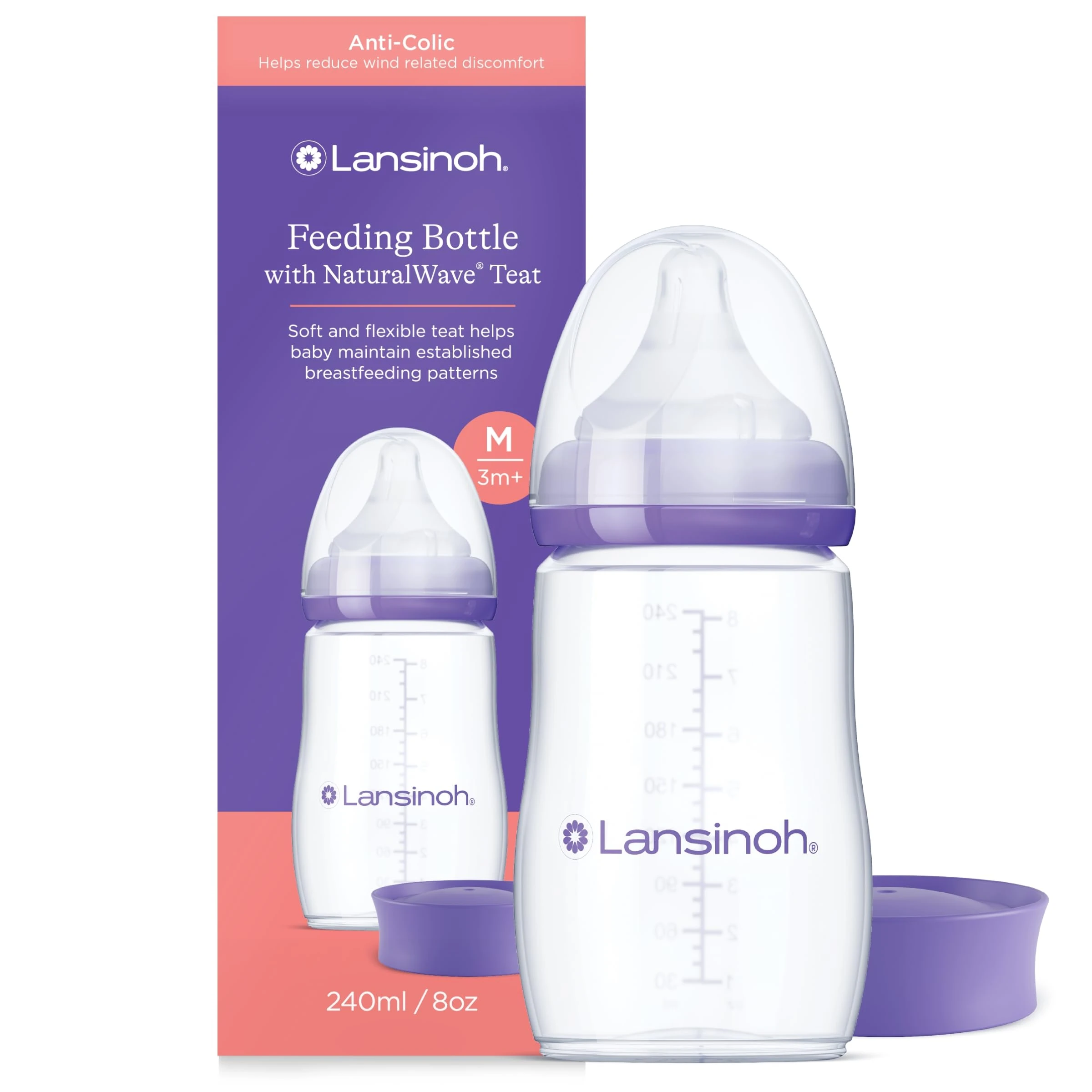 Lansinoh Anti Colic Baby Bottle - 240ml - NaturalWave® Medium Flow Teats Reduces Nipple Confusion + New Stackable Lid Breast Milk Storage Bottles Breastfeeding Bottle Feeding - Baby Bottles