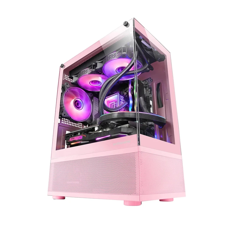 Mars Gaming MC-SE, Micro-ATX PC Case, Frameless Glass Front and Side Panels, Bottom Design with AirTech Mesh Technology, Dual Chambered Gaming Mini Tower, Liquid Cooling Support, Pink